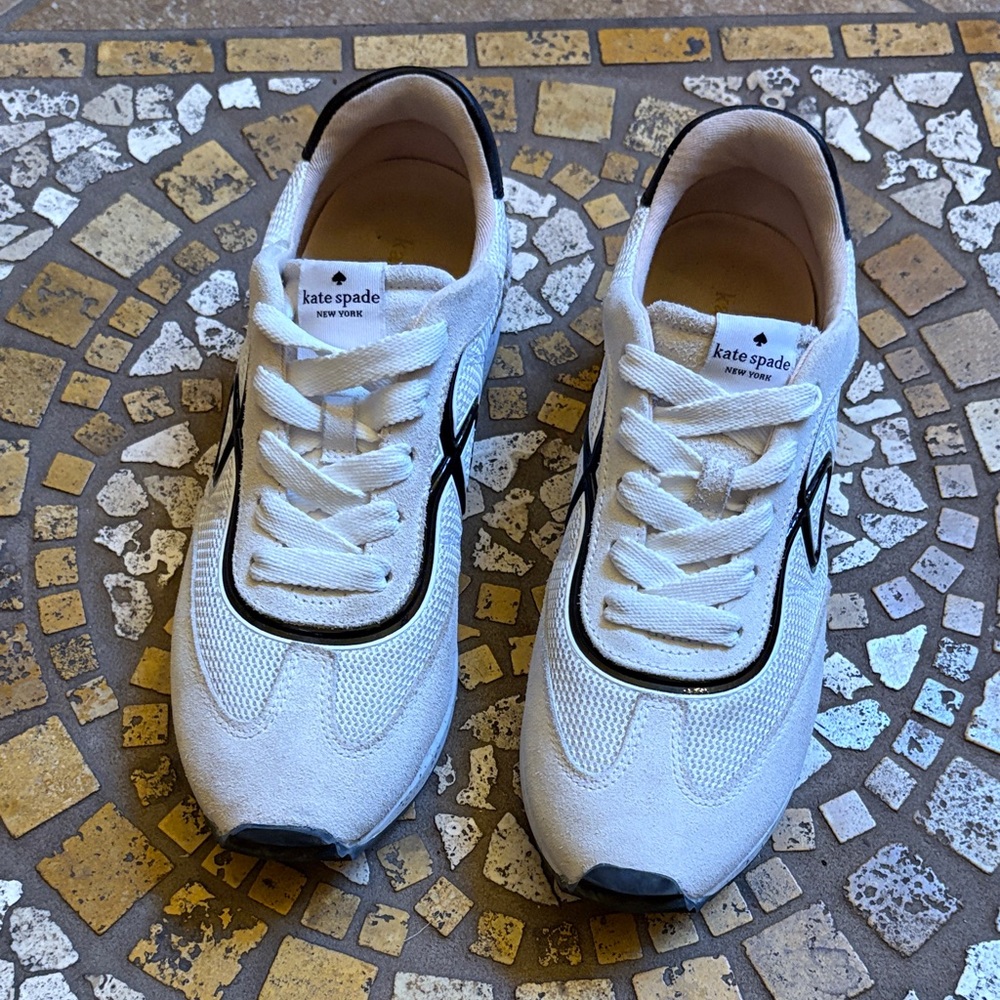 Kate Spade White Suede Sneakers with Black Logo - Picture 2 of 8